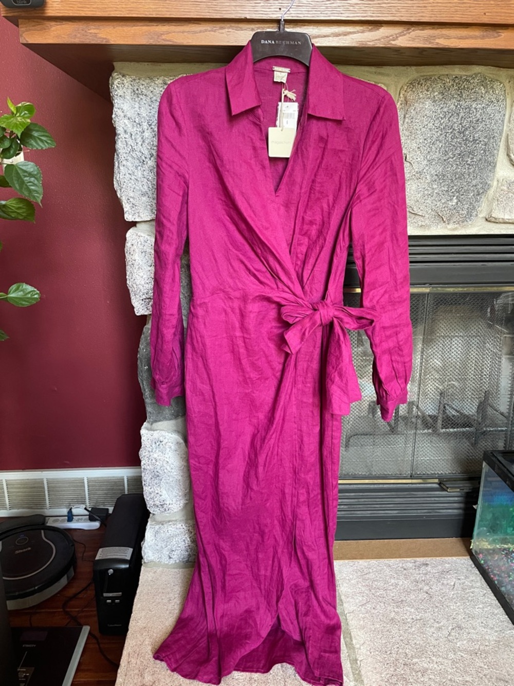 Magaschoni Berry Linen Collared Wrap Around Dress